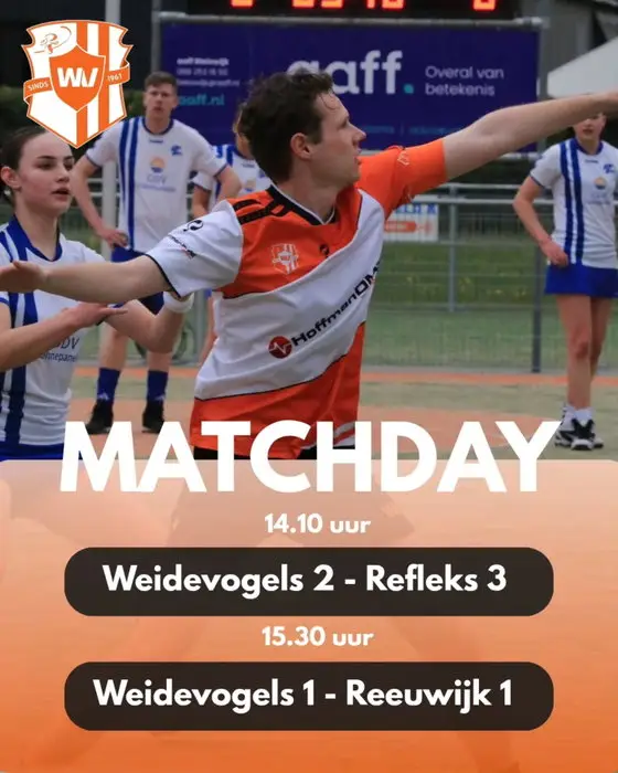 Speelronde 3! Weidevogels 1 hoopt de goede reeks thuis voort te zetten tegen Reeuwijk 1. Daarnaast staan er meer mooie wedstrijden op het programma, zowel in Bleiswijk als op andere velden.
Kom jij aanmoedigen (en eet je daarna gezellig mee tijdens de bistro 😋 )?