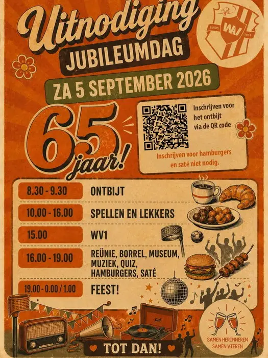 Jubileumdag
Aanmelden voor het enige echte jubileumontbijt
Begin je Weidevogelsdag goed
Start met het jammie jubileumontbijt! 😋
Gezellig met heel je team, korfbalvrienden of ouders aan de verse broodjes. 🥪🥐
Zaterdag 5 september 8.30 - 9.30 uur, voor € 1,50 per persoon.
Meld je nu aan en betaal za 5 sep voor het ontbijtbandje aan de bar: https://forms.cloud.microsoft/pages/responsepage.aspx?id=T-qqHKWUXkGFTaUMMYtqOiJQKgiRnfZLvDfvVHbZR1dUNlNTWUpXNzQwWTZFN1VSUFRCQ0lDRjBMUC4u&origin=lprLink&route=shorturl
Met zo’n feestontbijt is je wedstrijd al (bijna) gewonnen! 🥇
🕙 Inschrijven uiterlijk op donderdag 3 september 23.00 uur.
-
Blijf een hapje eten
Yes, je bent erbij, bij de reünie en/of het feest!
Eet gezellig mee! Aanmelden voor het lekkere hamburger- of satémenu is niet nodig. 🍔
(De keuken is open tot 19.00 uur. En voor vega en glutenvrij is gezorgd.)